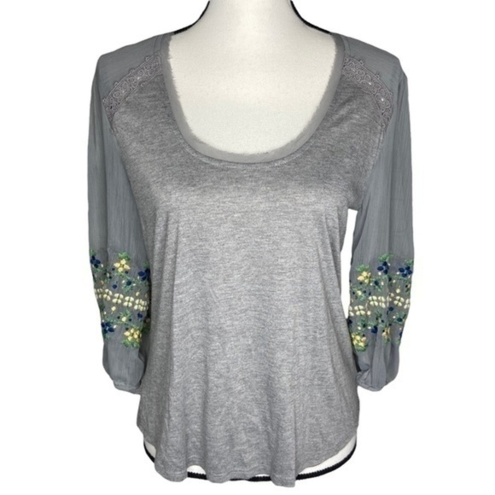 Anthropology Tiny Julia Gray Top Boho Embroidered Sheer Sleeve Peasant Top Sz S